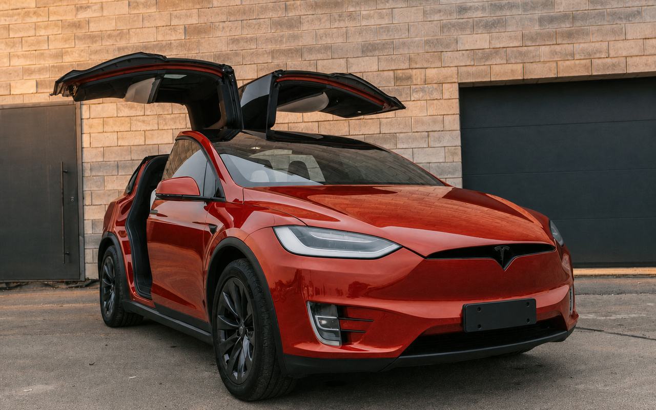 OnlyCars Tesla Model X with falcon-wing doors open